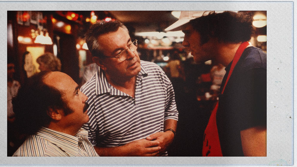 Danny DeVito, Milǒs Forman and Jim Carrey on the set of Man on the Moon. Circa 1998